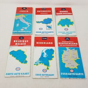 ESSO Auto Kaart European Maps Lot of 6 Mid Century Italia Nederland Deutschland